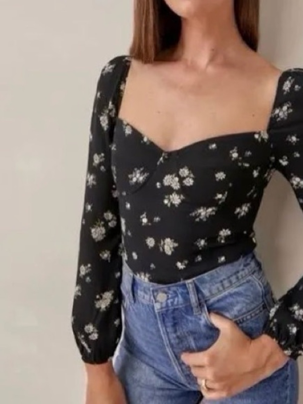 Reformation Black Floral Sweetheart Long Sleeve Top